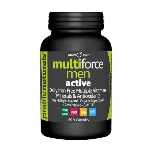 Prairie Naturals Multi-Force for Men, Iron-Free Daily Multivitamin with Methyl B12, 5-MTHF Folate, Greens and Antioxidants, 60 Vegetable Capsules