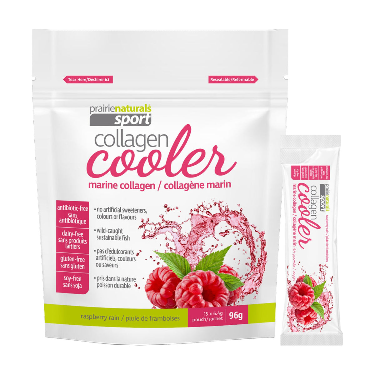 Prairie Naturals Sport Collagen Cooler, Marine Collagen Drink Mix, Raspberry Rain or Tropical Storm, 15 Sachets - Raspberry Rain