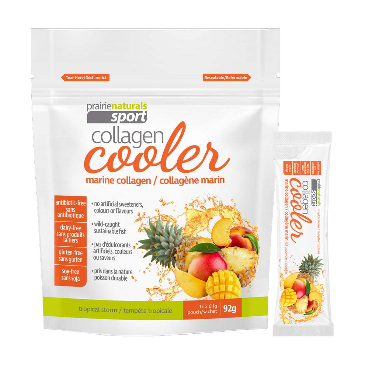 Prairie Naturals Sport Collagen Cooler, Marine Collagen Drink Mix, Raspberry Rain or Tropical Storm, 15 Sachets - Tropical Storm