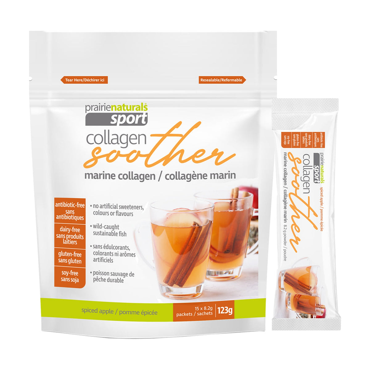 Prairie Naturals Sport Collagen Soother, Hot Marine Collagen Drink Mix, Spiced Apple or Lemon Ginger, 15 Sachets - Spiced Apple