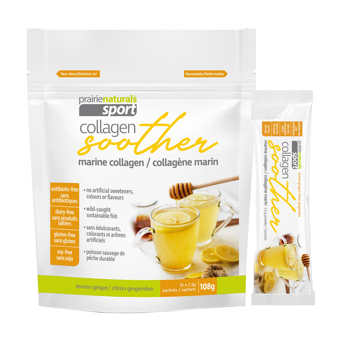 Prairie Naturals Sport Collagen Soother, Hot Marine Collagen Drink Mix, Spiced Apple or Lemon Ginger, 15 Sachets - Lemon Ginger