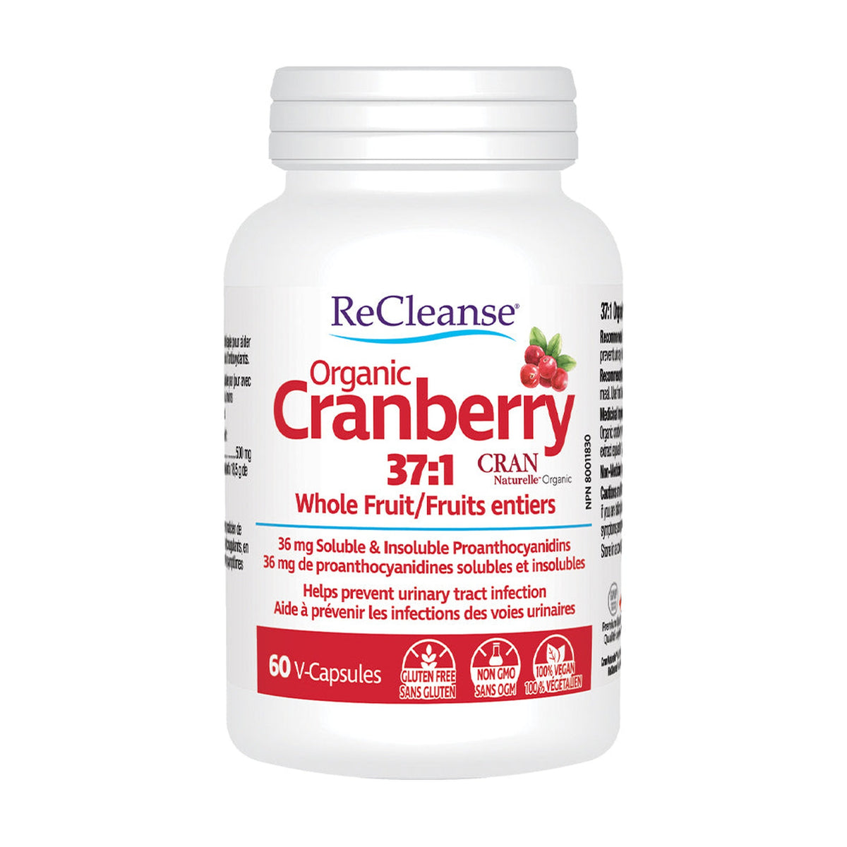 Prairie Naturals ReCleanse Organic Cranberry 500mg, Whole Fruit 37:1 Extract, Helps Prevent Urinary Tract Infections, 60 Vegetable Capsules