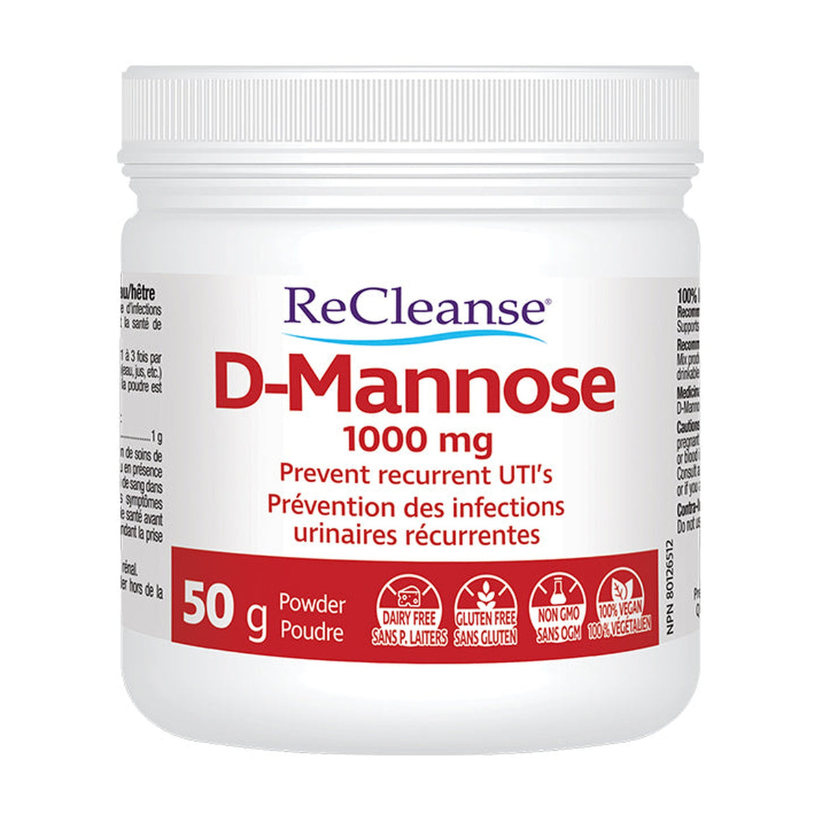 Prairie Naturals ReCleanse D-Mannose Powder, 1g per Serving, Helps Reduce the Risk of Recurrent UTIs in Women, 50g
