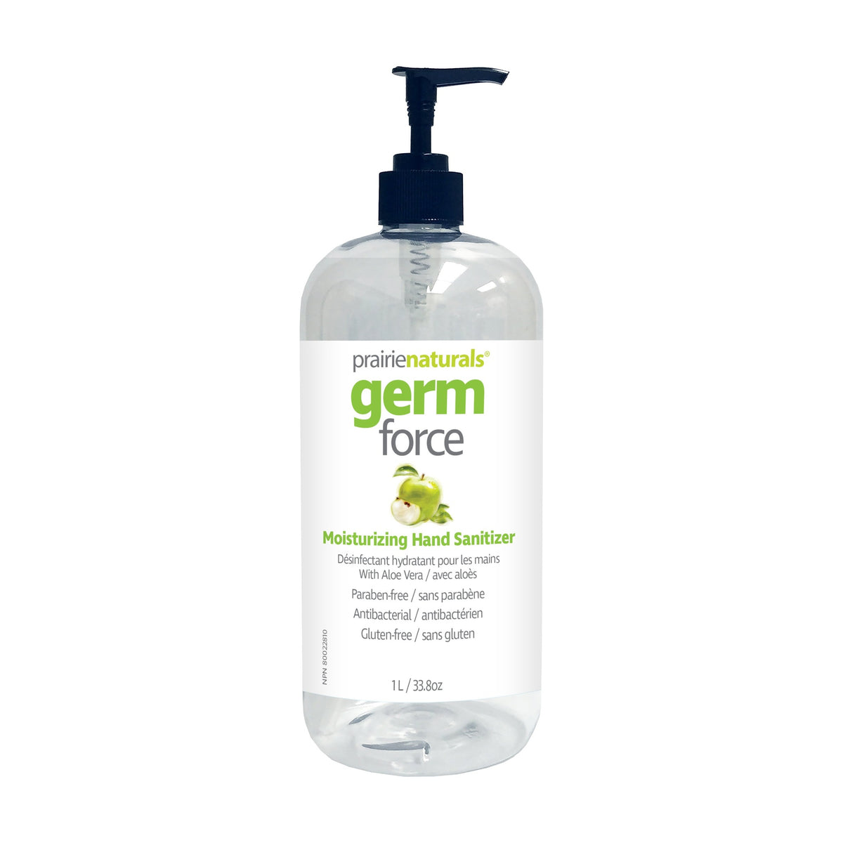 Prairie Naturals Germ Force Hand Sanitizer with Aloe Vera, 62.5% Ethanol, Green Apple, Paraben-Free, 60ml, 250ml or 1L - 1L