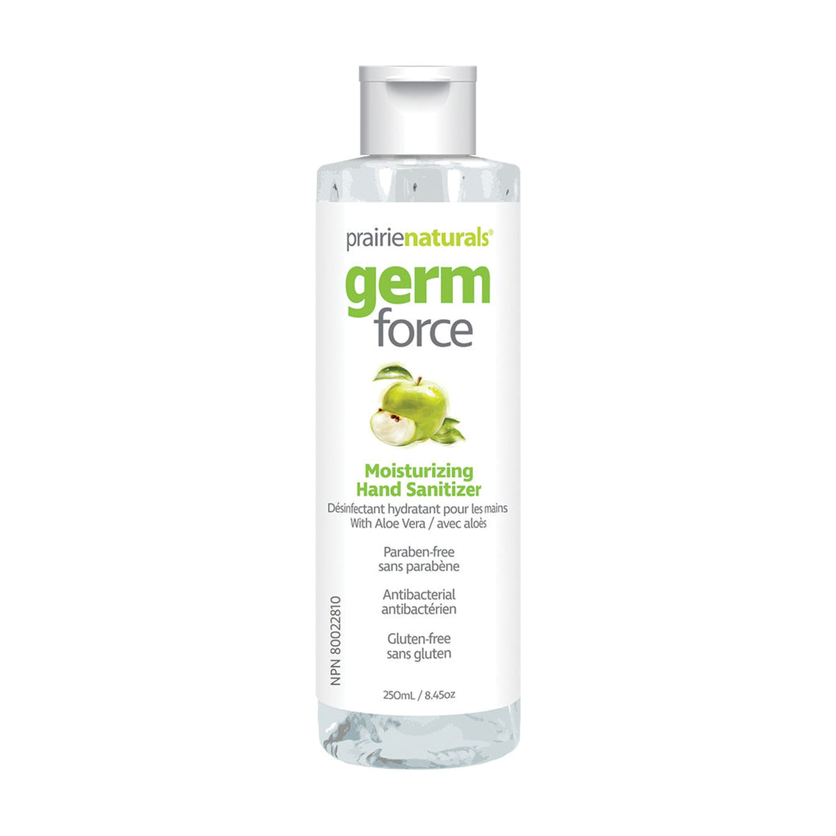 Prairie Naturals Germ Force Hand Sanitizer with Aloe Vera, 62.5% Ethanol, Green Apple, Paraben-Free, 60ml, 250ml or 1L - 250ml