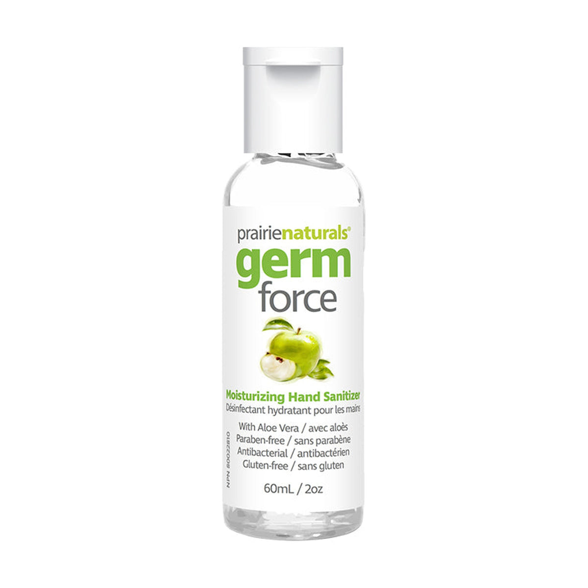 Prairie Naturals Germ Force Hand Sanitizer with Aloe Vera, 62.5% Ethanol, Green Apple, Paraben-Free, 60ml, 250ml or 1L - 60ml