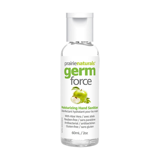 Prairie Naturals Germ Force Hand Sanitizer with Aloe Vera, 62.5% Ethanol, Green Apple, Paraben-Free, 60ml, 250ml or 1L - 60ml