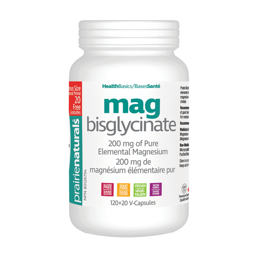 Prairie Naturals Magnesium Bisglycinate 200mg, Gentle Non-Laxative Magnesium, Vegan, Bonus Size 140 Vegetable Capsules (120 + 20)