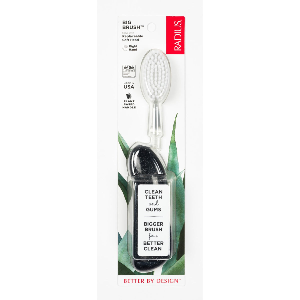 Radius Big Brush Toothbrush with Replaceable Head, Right or Left Hand, Soft Plant-Based Bristles, plus Replacement Heads - Right Hand
