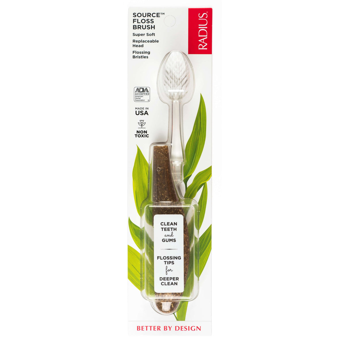 Radius Source Toothbrush with Replaceable Head, Soft, Medium or Super Soft Floss Bristles, Recycled Handle, plus Replacement Heads - Super Soft Floss / Toothbrush