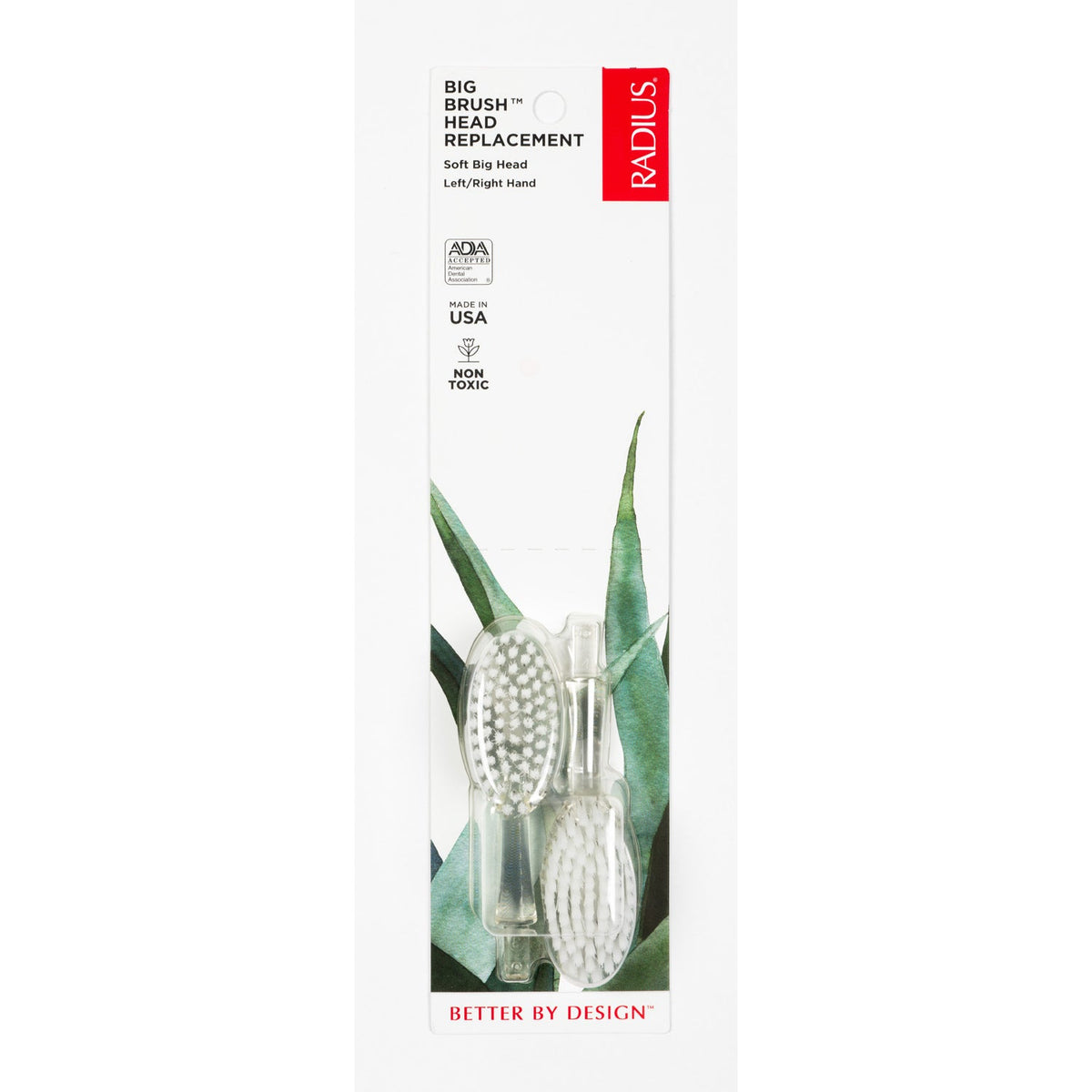 Radius Big Brush Toothbrush with Replaceable Head, Right or Left Hand, Soft Plant-Based Bristles, plus Replacement Heads - Replacement Heads, 2-Pack