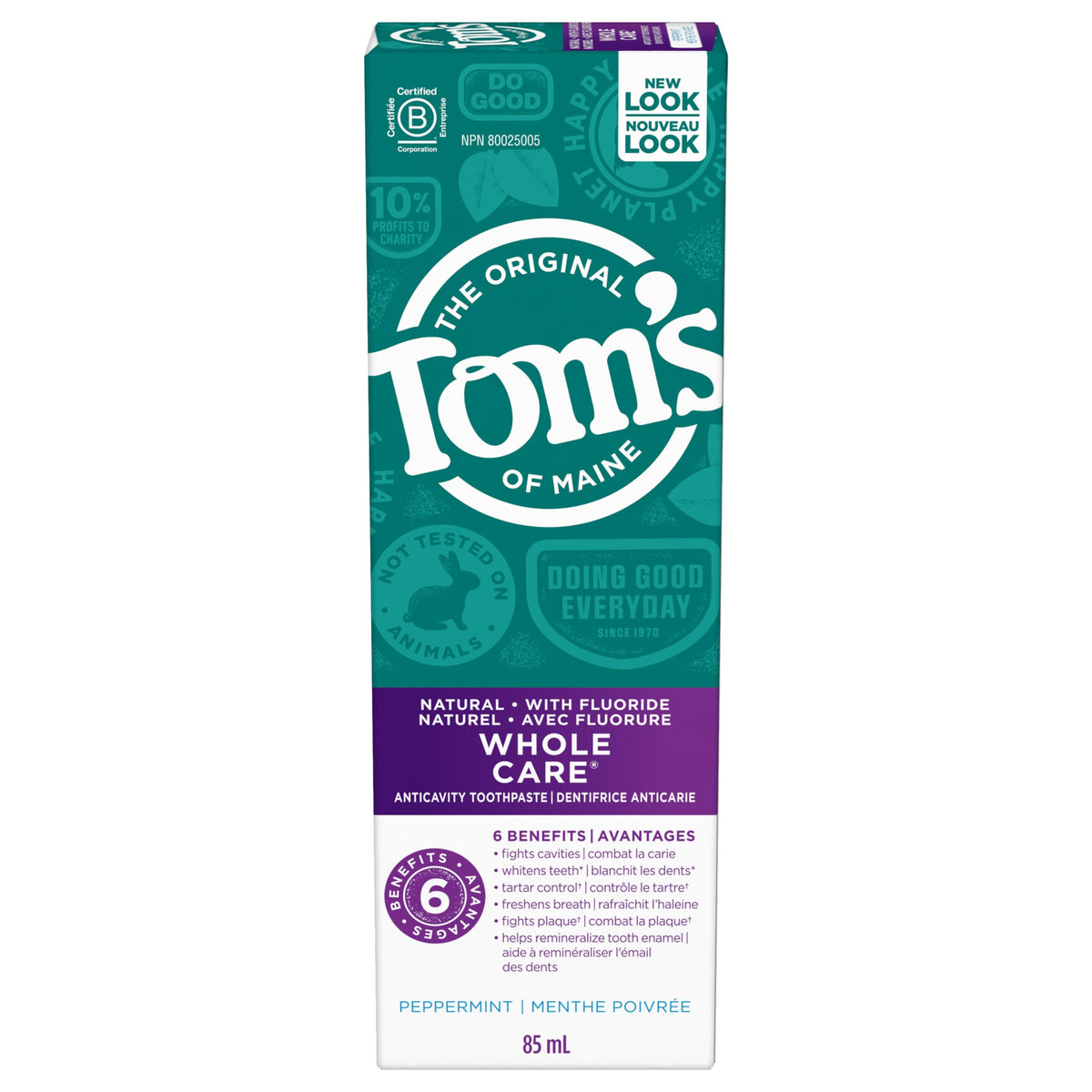 Tom's of Maine Whole Care Fluoride Toothpaste, Peppermint, Anticavity with Whitening and Tartar Control, 85ml
