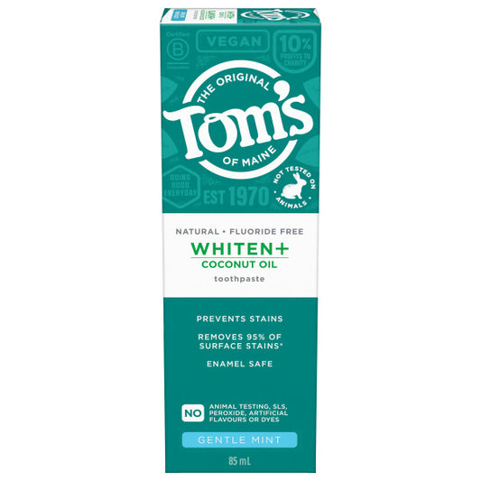 Tom's of Maine Whiten+ Coconut Oil Fluoride-Free Toothpaste, Gentle Mint, SLS-Free, 85ml