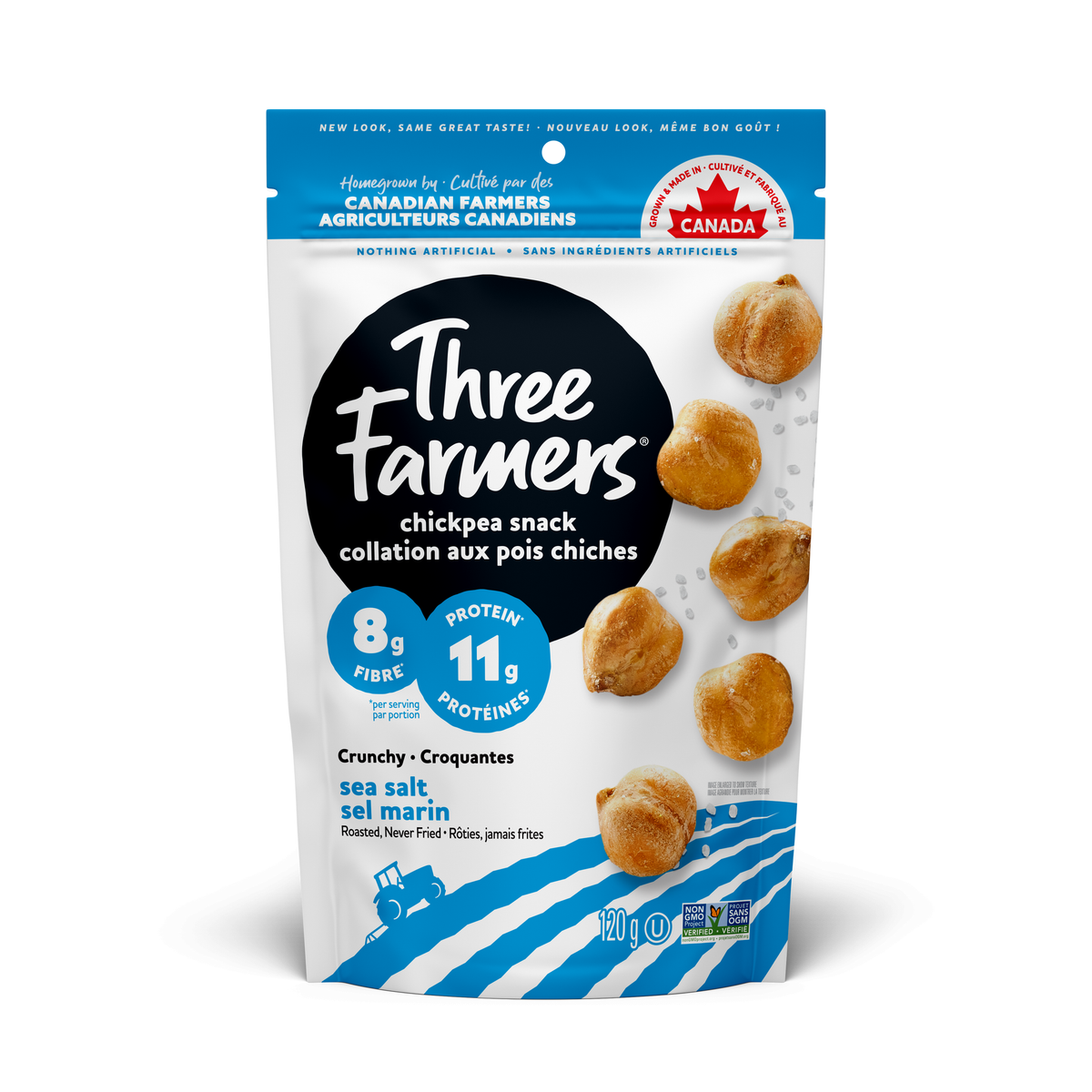 Three Farmers Roasted Chickpea Snacks, Case of 12 x 120g - Sea Salt