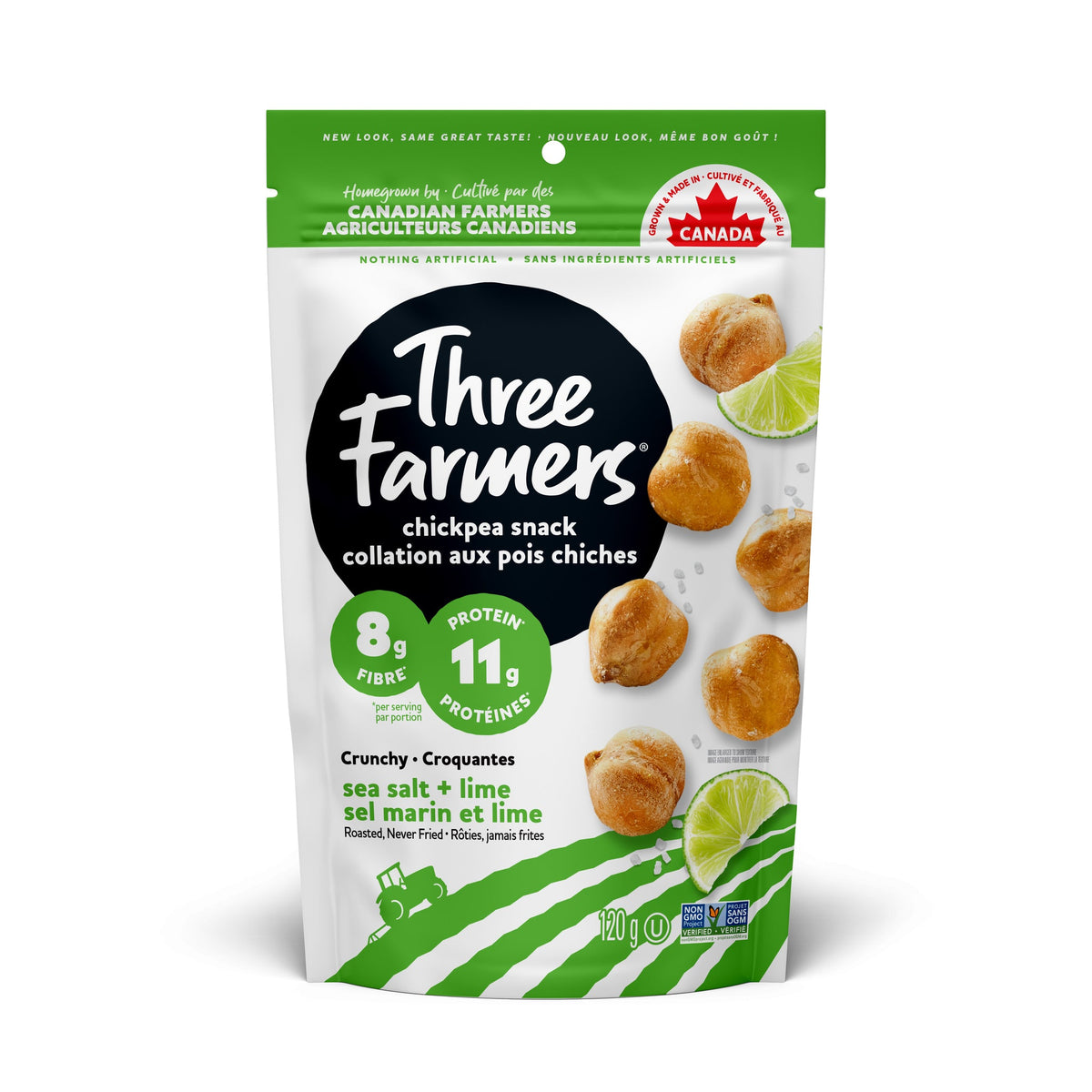 Three Farmers Roasted Chickpea Snacks, Case of 12 x 120g - Sea Salt & Lime