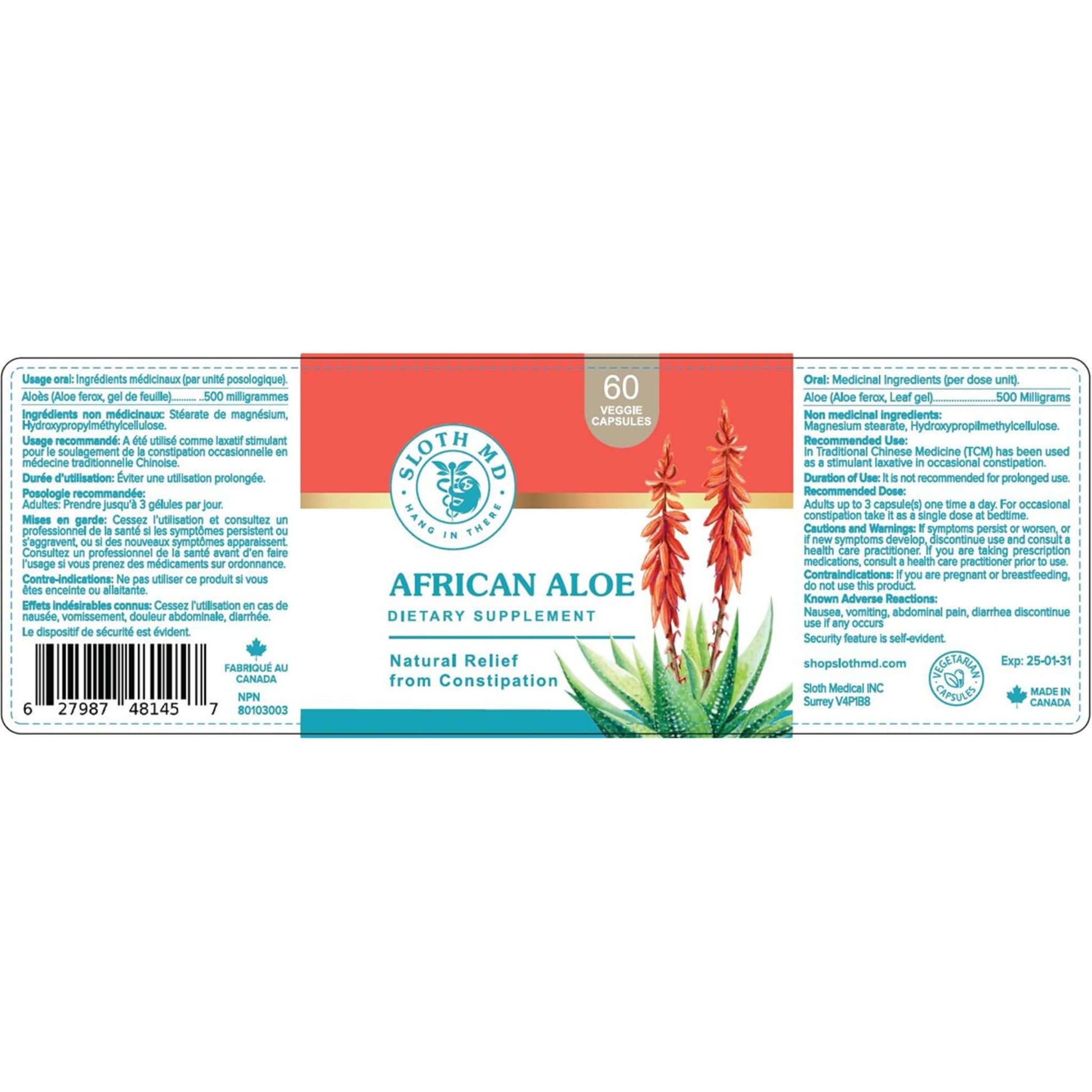 60 Vegetable Capsules | Sloth MD African Aloe label