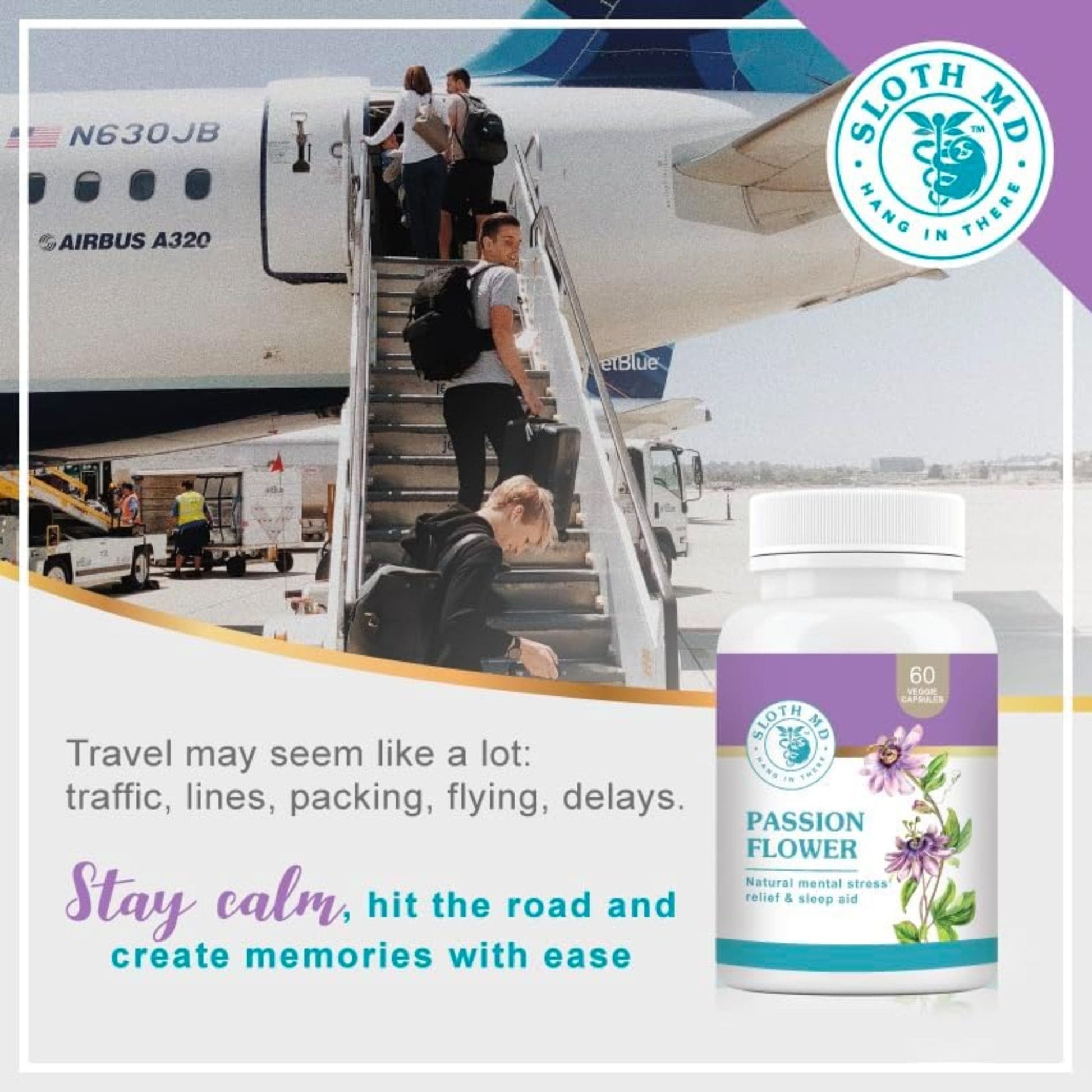 60 Vegetable Capsules | Sloth MD Passion Flower lifestyle photo with travellers on a plane