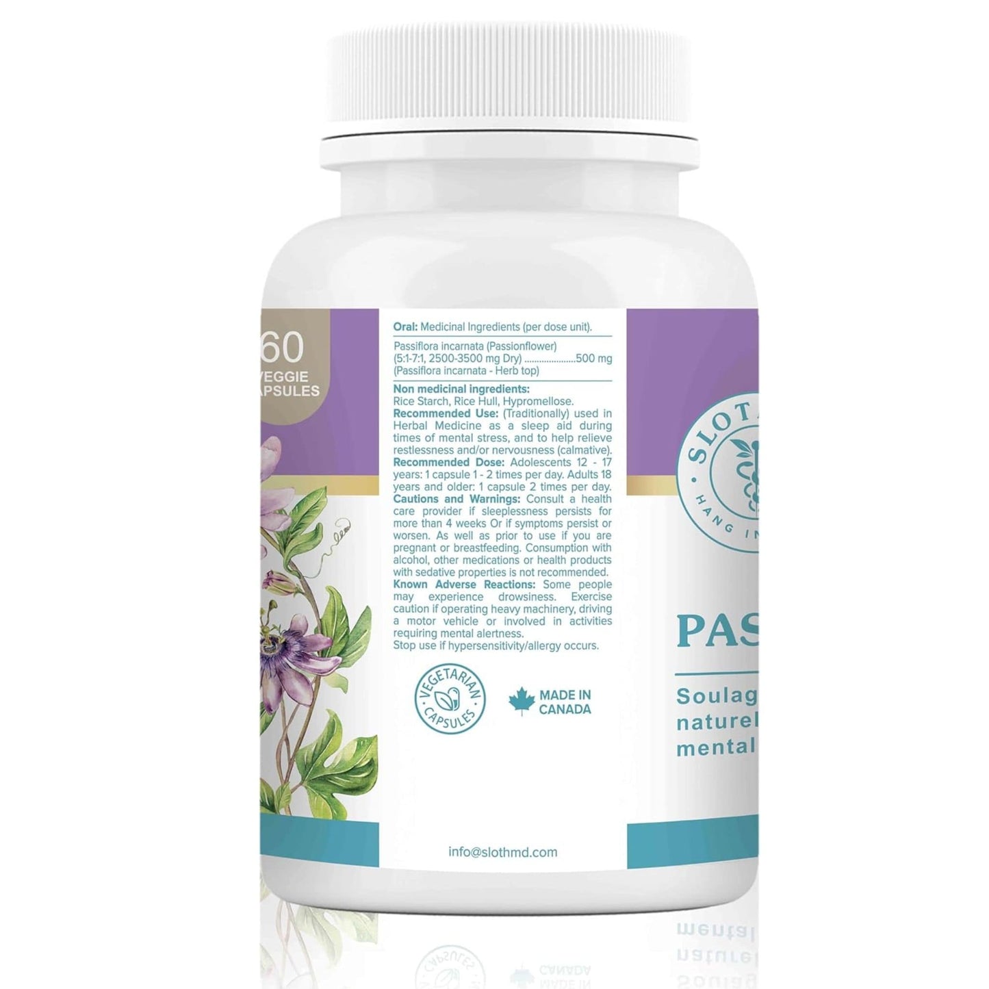 60 Vegetable Capsules | Sloth MD Passion Flower back of the bottle