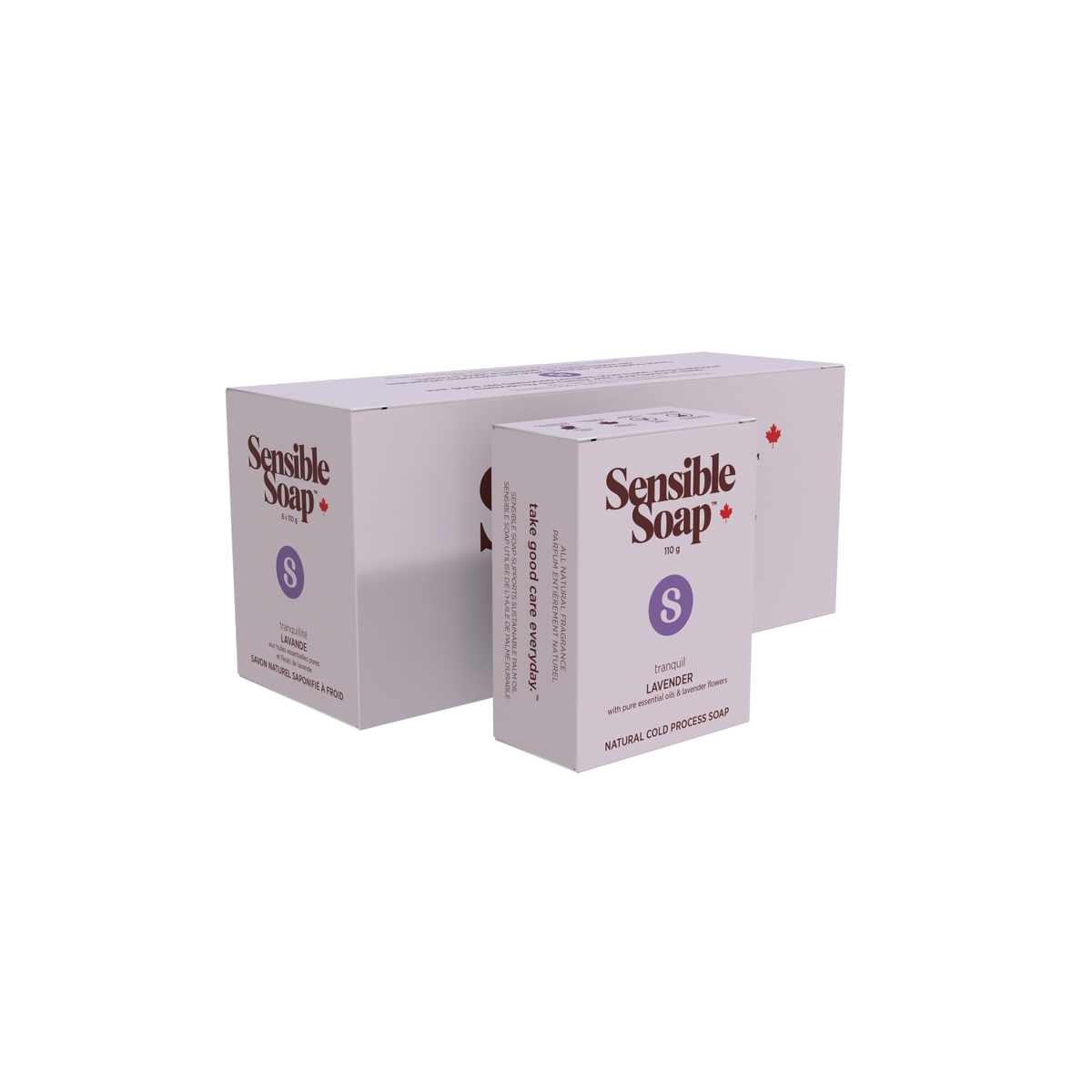 Sensible Co. Natural Bar Soap, Case of 6 x 110g, Unscented, Lavender, Peppermint, Lemongrass, Patchouli and More - Lavender