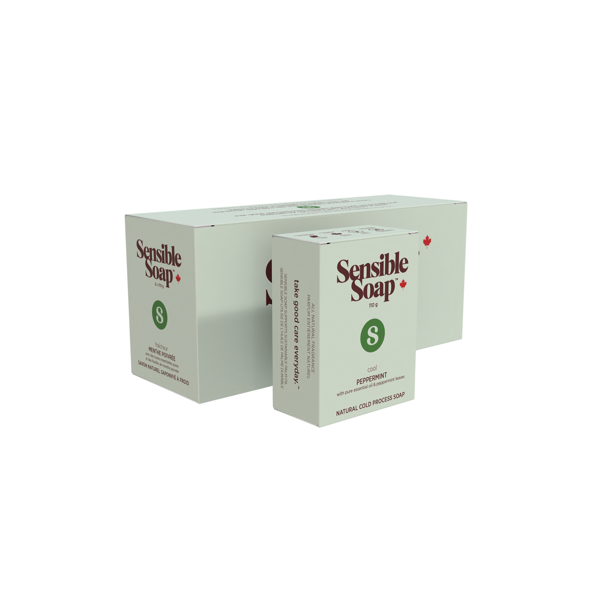 Sensible Co. Natural Bar Soap, Case of 6 x 110g, Unscented, Lavender, Peppermint, Lemongrass, Patchouli and More - Peppermint