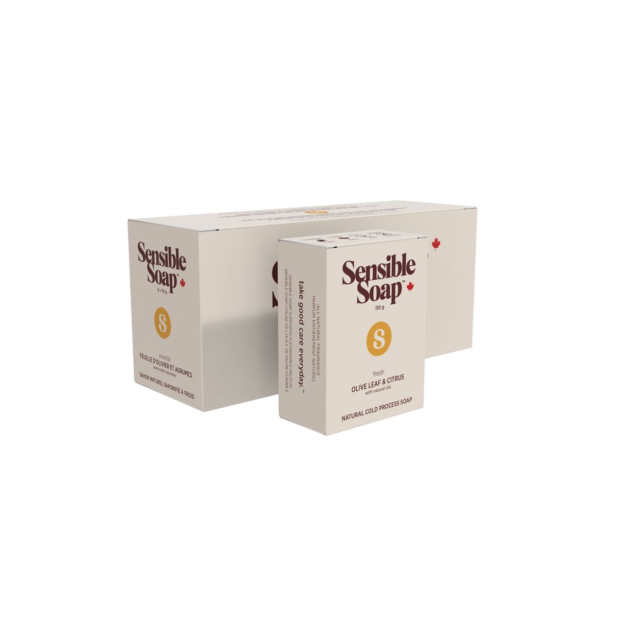 Sensible Co. Natural Bar Soap, Case of 6 x 110g, Unscented, Lavender, Peppermint, Lemongrass, Patchouli and More - Olive Leaf & Citrus