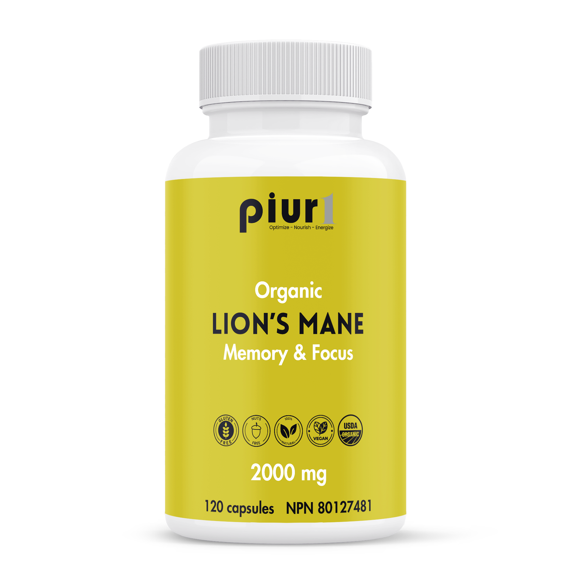 120 Vegetable Capsules | Piur1 Organic Lion's Mane Capsules 120 Vegetable Capsules