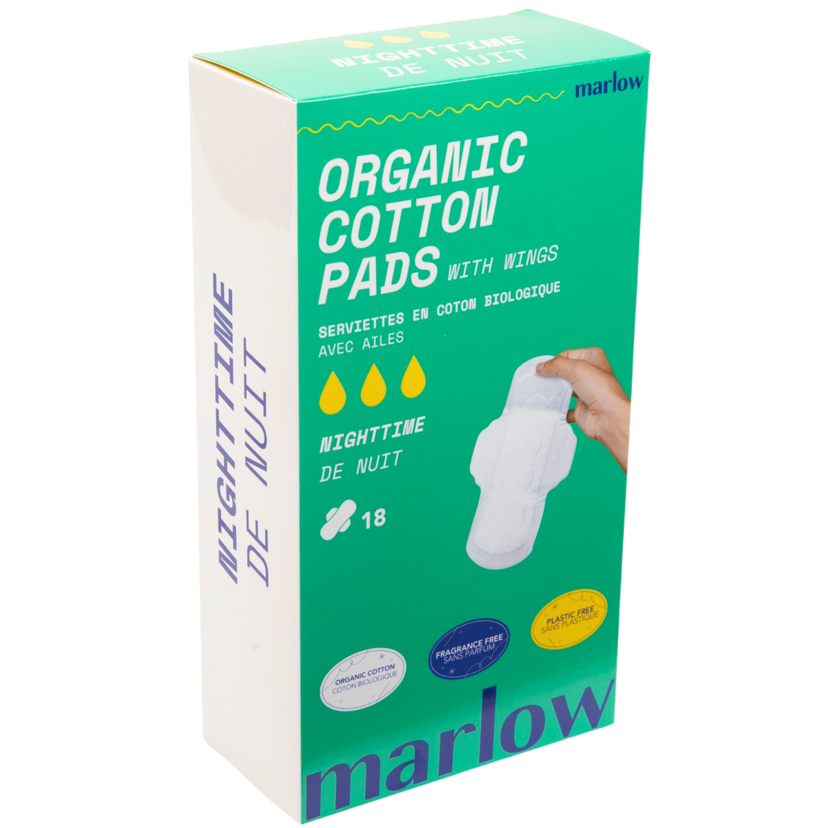 Marlow Organic Cotton Pads with Wings, Regular or Nighttime, 18 Pads - Nighttime