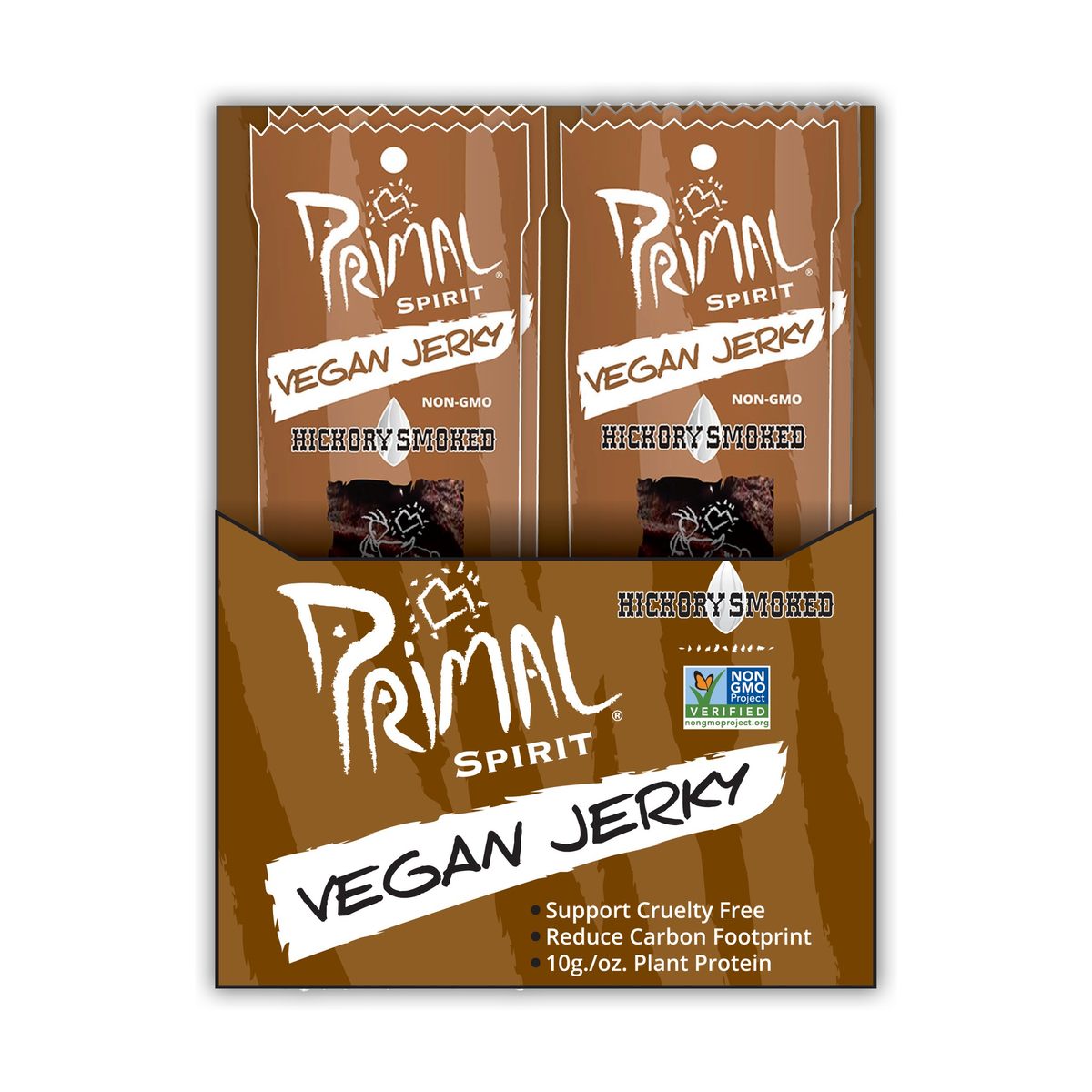 Primal Spirit Foods Primal Strips Vegan Jerky, Plant-Based Seitan, Soy and Shiitake Strips, 6 Flavours, Box of 24 x 28g - Hickory Smoked