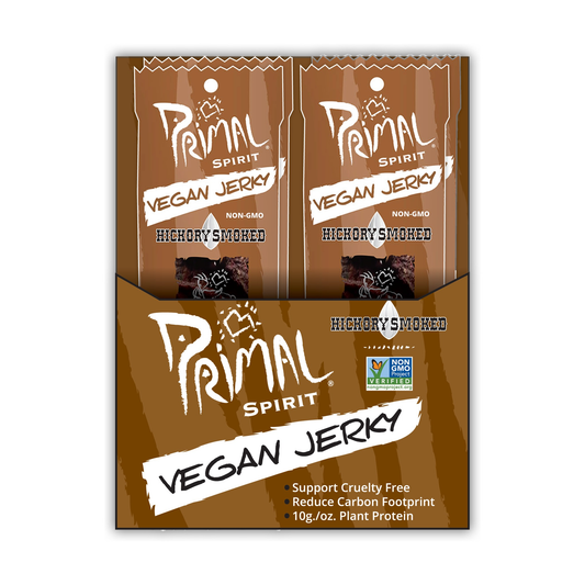 Primal Spirit Foods Primal Strips Vegan Jerky, Plant-Based Seitan, Soy and Shiitake Strips, 6 Flavours, Box of 24 x 28g - Hickory Smoked