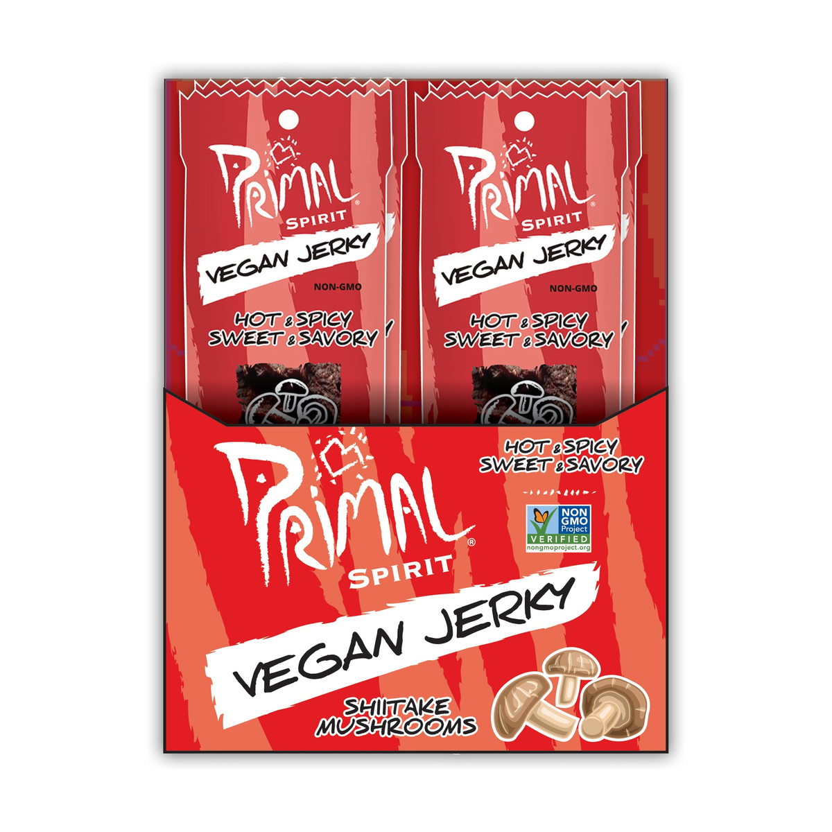 Primal Spirit Foods Primal Strips Vegan Jerky, Plant-Based Seitan, Soy and Shiitake Strips, 6 Flavours, Box of 24 x 28g - Hot & Spicy