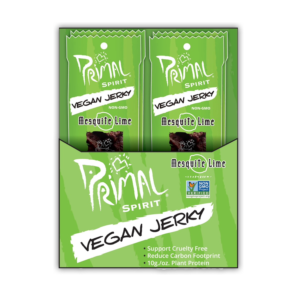 Primal Spirit Foods Primal Strips Vegan Jerky, Plant-Based Seitan, Soy and Shiitake Strips, 6 Flavours, Box of 24 x 28g - Mesquite Lime