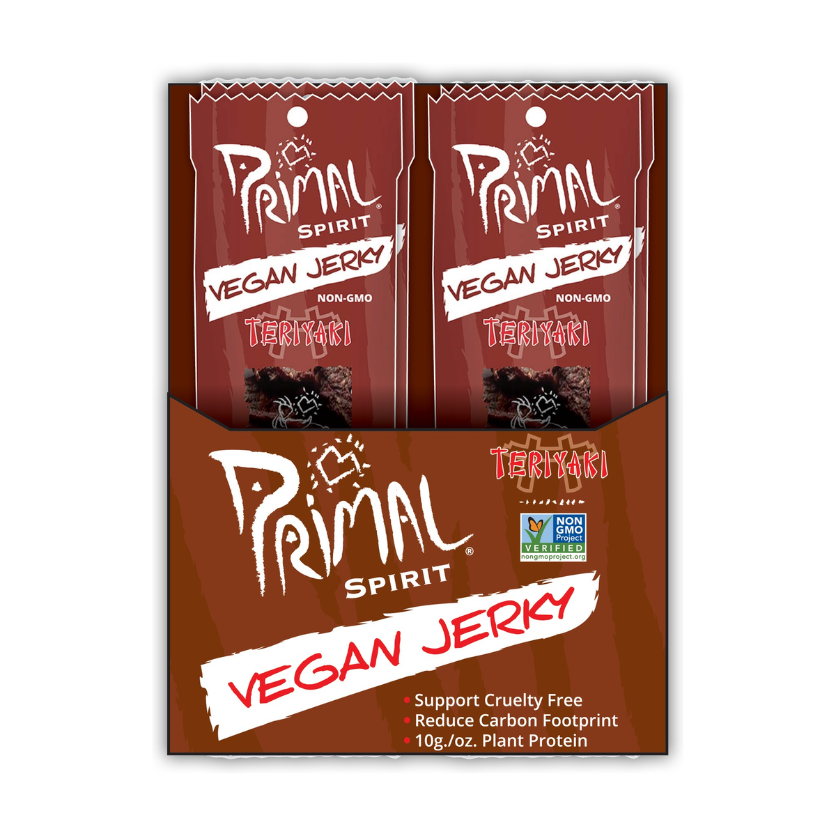 Primal Spirit Foods Primal Strips Vegan Jerky, Plant-Based Seitan, Soy and Shiitake Strips, 6 Flavours, Box of 24 x 28g - Teriyaki