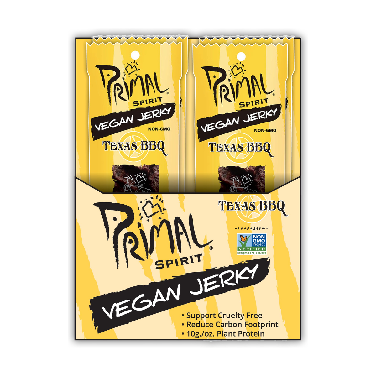 Primal Spirit Foods Primal Strips Vegan Jerky, Plant-Based Seitan, Soy and Shiitake Strips, 6 Flavours, Box of 24 x 28g - Texas BBQ