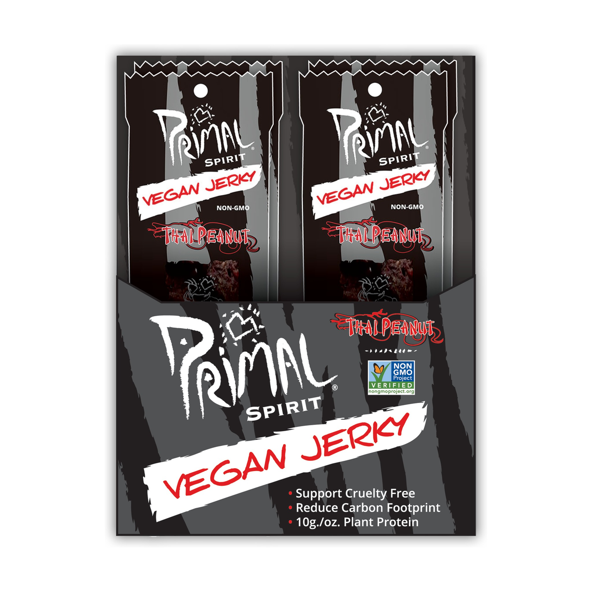 Primal Spirit Foods Primal Strips Vegan Jerky, Plant-Based Seitan, Soy and Shiitake Strips, 6 Flavours, Box of 24 x 28g - Thai Peanut