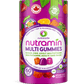 A cylindrical tub of Nutracellé Nutramin Multi Gummies, featuring a vibrant purple label with illustrations of various fruits and a central white circle displaying the product name. The packaging highlights 'Color Orange Fraise' (strawberry orange) and 'Sans Sucre' (sugar-free) certifications, and shows 60 gummy bears inside.
