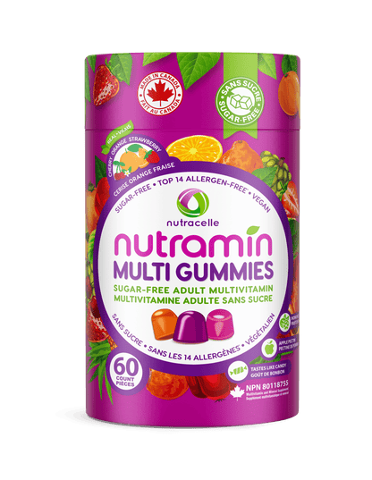 A cylindrical tub of Nutracellé Nutramin Multi Gummies, featuring a vibrant purple label with illustrations of various fruits and a central white circle displaying the product name. The packaging highlights 'Color Orange Fraise' (strawberry orange) and 'Sans Sucre' (sugar-free) certifications, and shows 60 gummy bears inside.