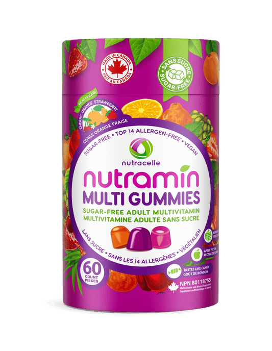 A cylindrical tub of Nutracellé Nutramin Multi Gummies, featuring a vibrant purple label with illustrations of various fruits and a central white circle displaying the product name. The packaging highlights 'Color Orange Fraise' (strawberry orange) and 'Sans Sucre' (sugar-free) certifications, and shows 60 gummy bears inside.