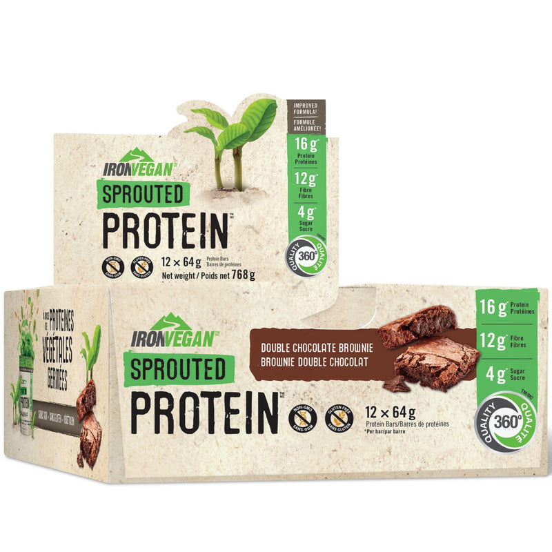 Iron Vegan Sprouted Protein Bars, 16g Protein & 17g of Fibre Per Day, Only 4g of Sugar, Gluten-Free & Non-GMO, Box of 12 Bars