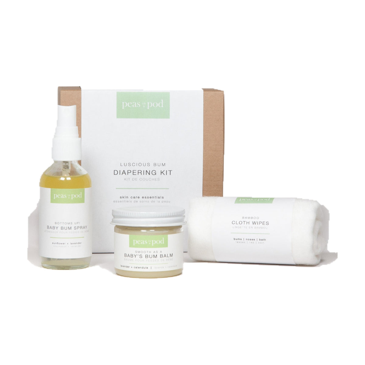 Peas In A Pod Luscious Bum Baby Diapering Kit, Bum Balm 50g, Bum Spray 60ml and 2 Bamboo Cloth Wipes