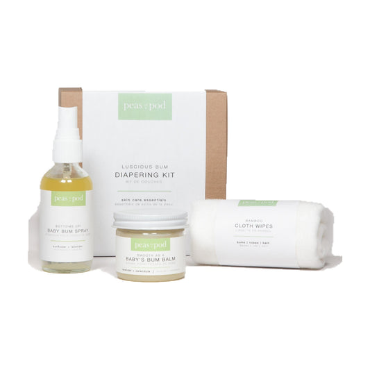 Peas In A Pod Luscious Bum Baby Diapering Kit, Bum Balm 50g, Bum Spray 60ml and 2 Bamboo Cloth Wipes