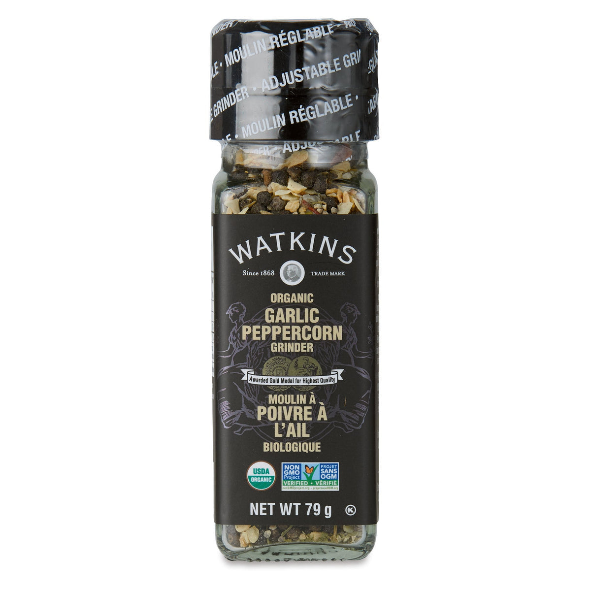 Watkins Organic Spice Grinders, Pack of 3 - Garlic Peppercorn Grinder, 3 x 79g