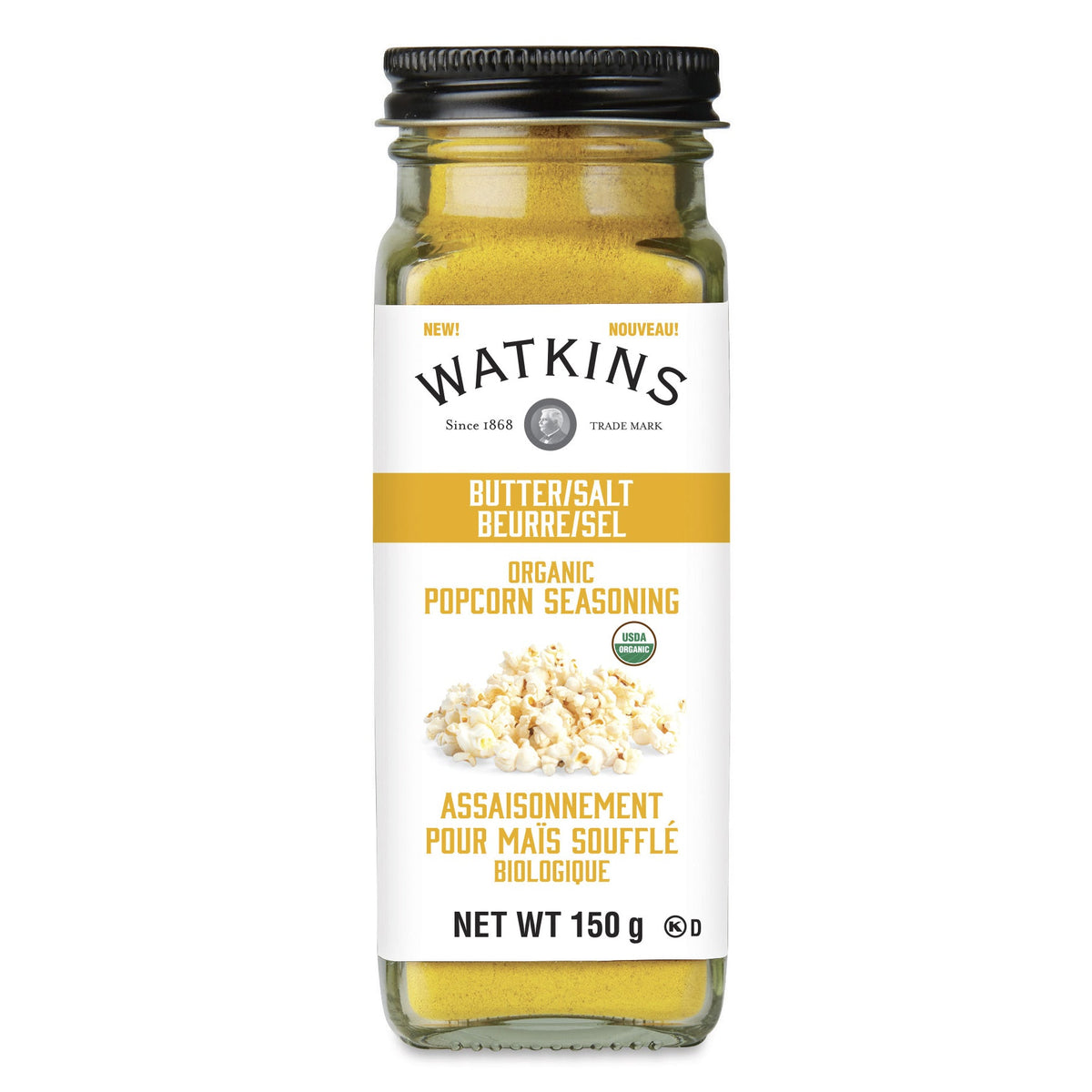 Watkins Organic Popcorn Seasoning, Pack of 3 - Butter Salt, 3 x 150g