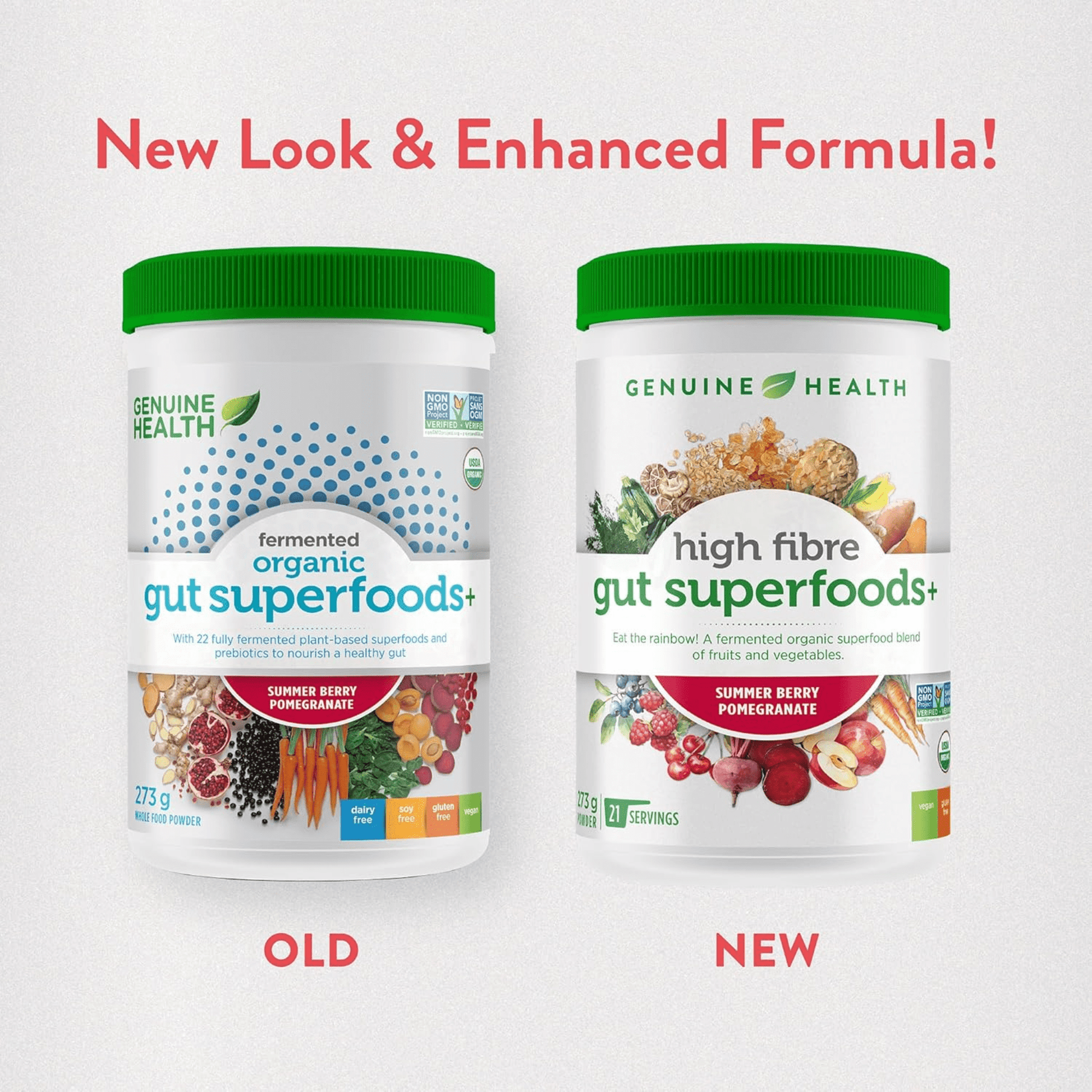 Summer Berry Pomegranate 21 Servings (229g-273g) | Genuine Health High Fibre Gut Superfoods+ Powder Old Versus New Formula