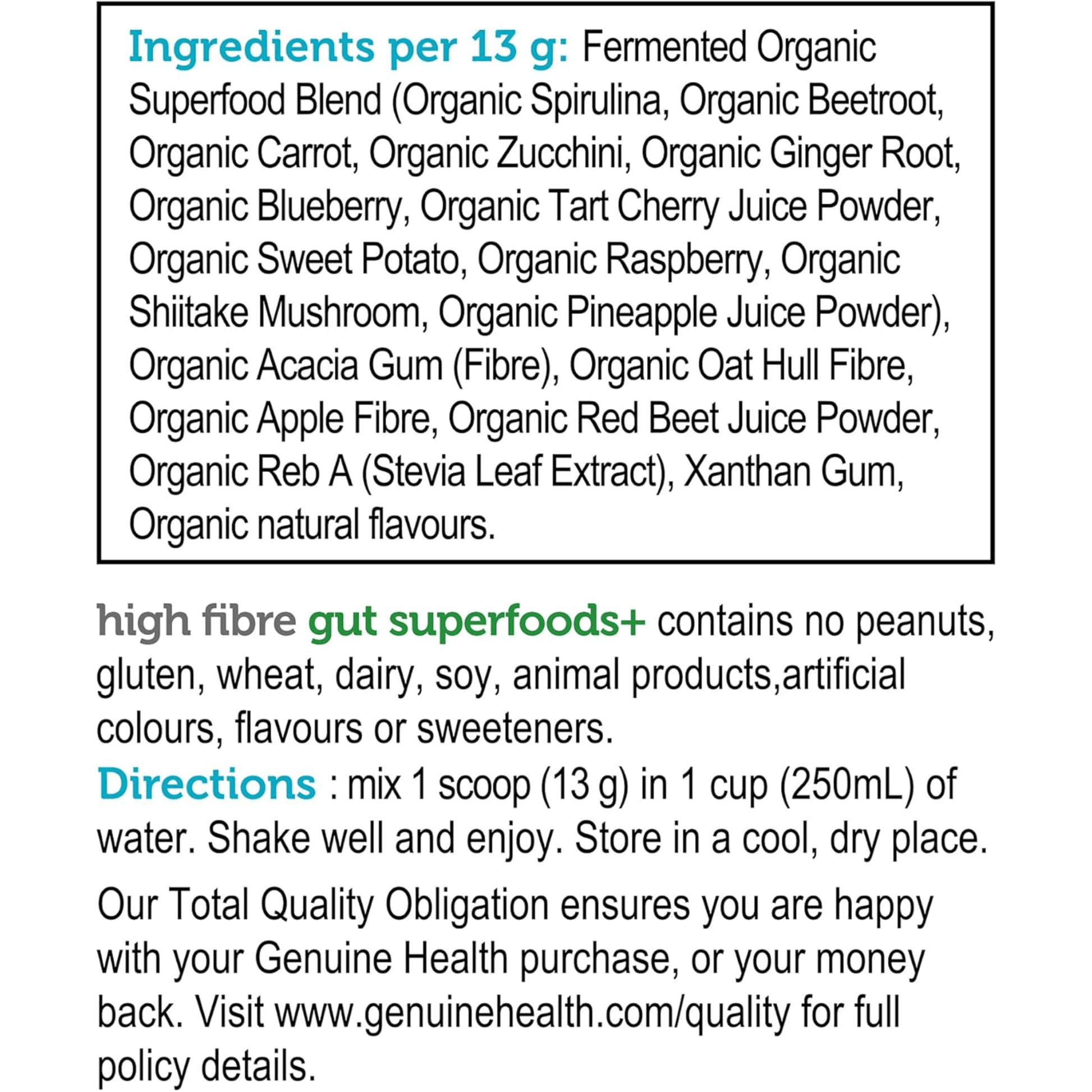 Summer Berry Pomegranate 21 Servings (229g-273g) | Genuine Health High Fibre Gut Superfoods+ Powder English Supplement Label