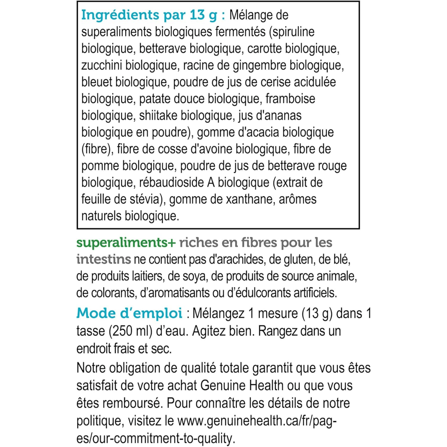 Summer Berry Pomegranate 21 Servings (229g-273g) | Genuine Health High Fibre Gut Superfoods+ Powder French Supplement Label