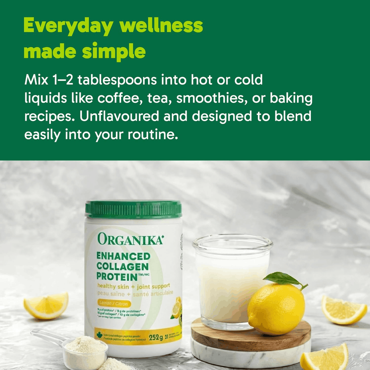 252g Lemon | Organika Enhanced Collagen Protein 252g tub // lemon flavour