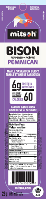 Mitsoh Traditional Bison Pemmican Strips with Maple Syrup, 4 Flavours, 23g, 6-18 Pack - Peppered Saskatoon Berry / 18-Pack Carton (18 x 23g)