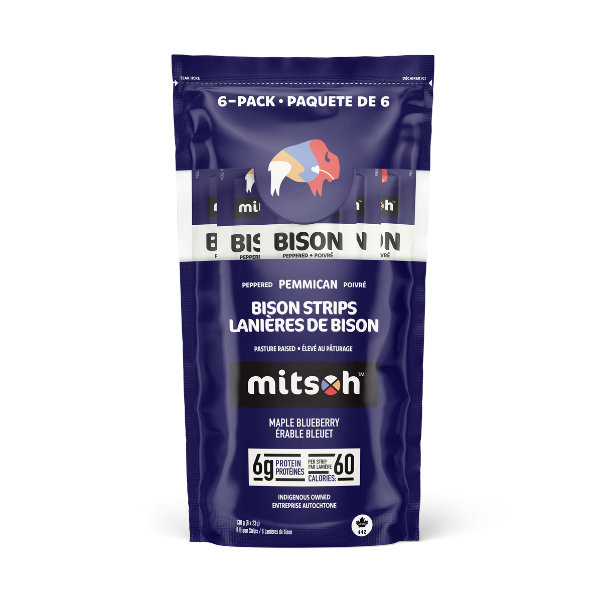 Mitsoh Traditional Bison Pemmican Strips with Maple Syrup, 4 Flavours, 23g, 6-18 Pack - Peppered Blueberry / 6-Pack Pouch (6 x 23g)