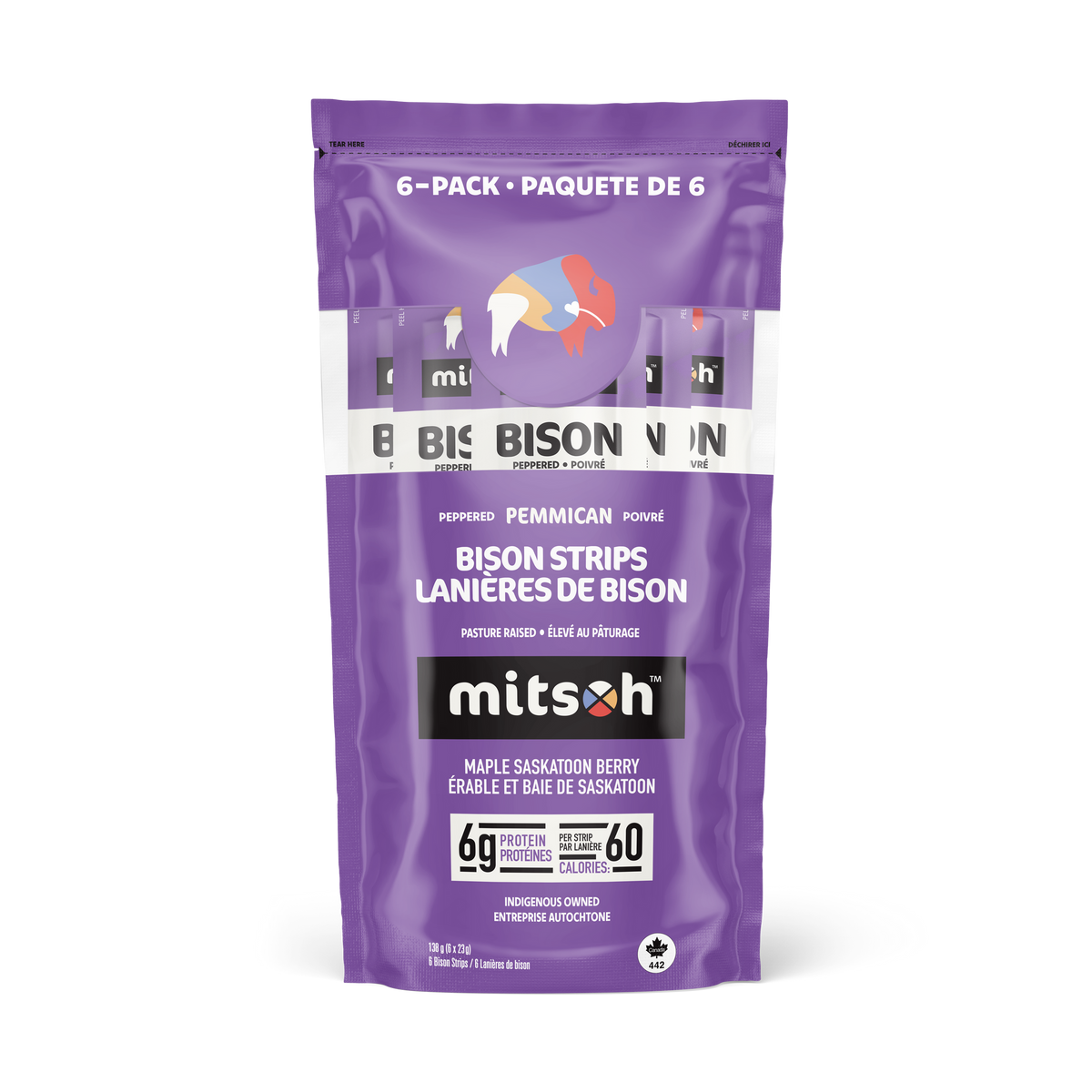 Mitsoh Traditional Bison Pemmican Strips with Maple Syrup, 4 Flavours, 23g, 6-18 Pack - Peppered Saskatoon Berry / 6-Pack Pouch (6 x 23g)