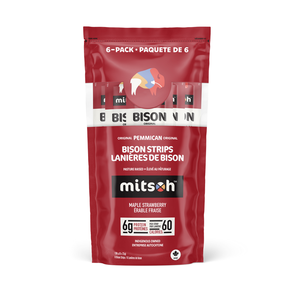 Mitsoh Traditional Bison Pemmican Strips with Maple Syrup, 4 Flavours, 23g, 6-18 Pack - Original Strawberry / 6-Pack Pouch (6 x 23g)